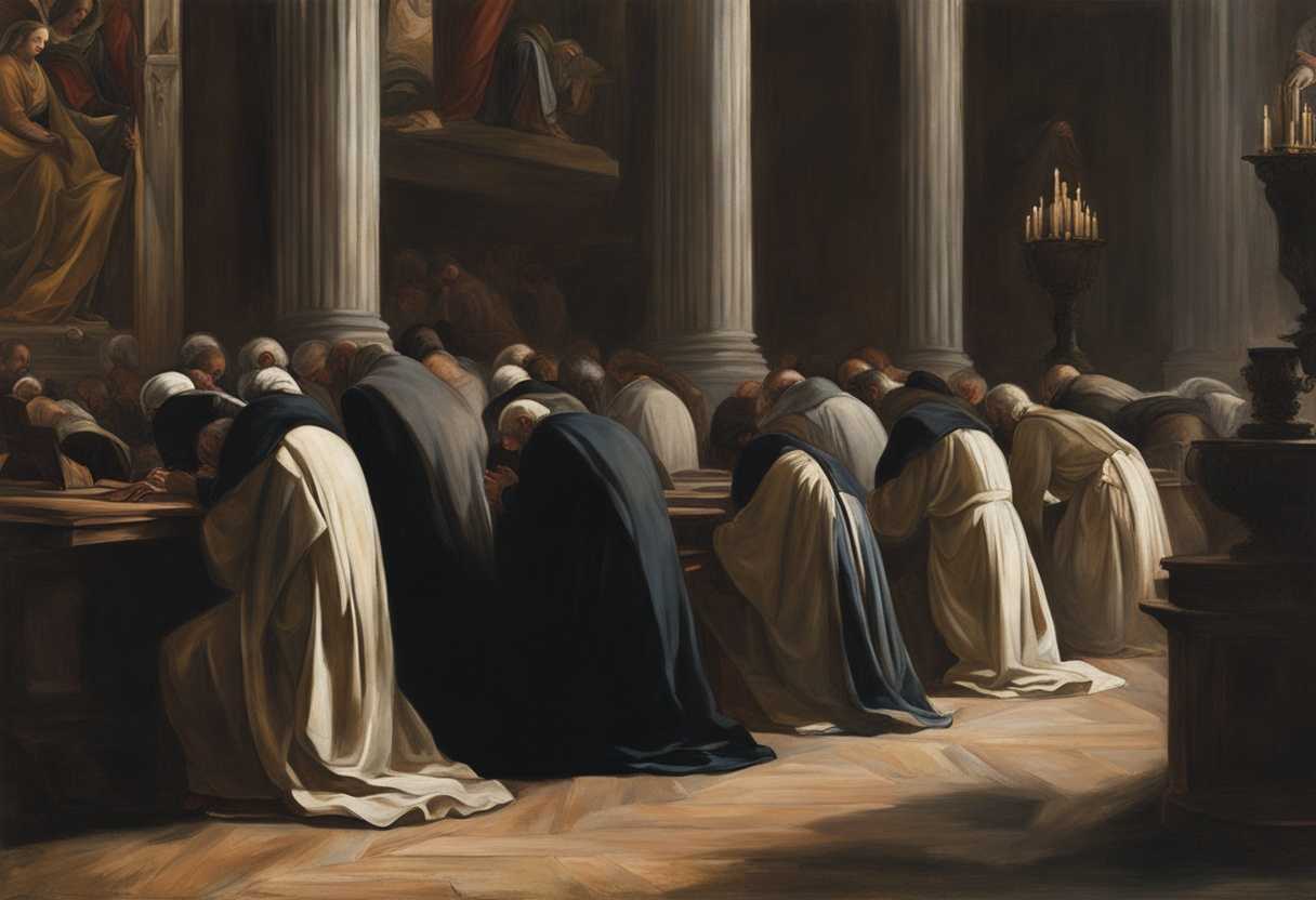 Congregation-in-prayer-at-church-heads-bowed-hands-clasped-serene-atmosphere-spiritual-devotion_urzk