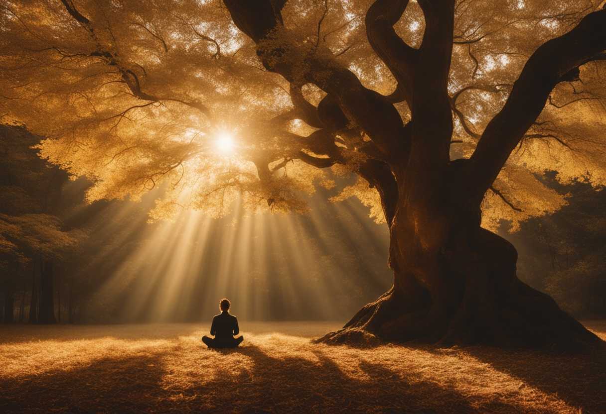Person-meditating-under-a-golden-lit-forest-canopy-embodying-peace-surrender-and-spiritual-connec_ghso