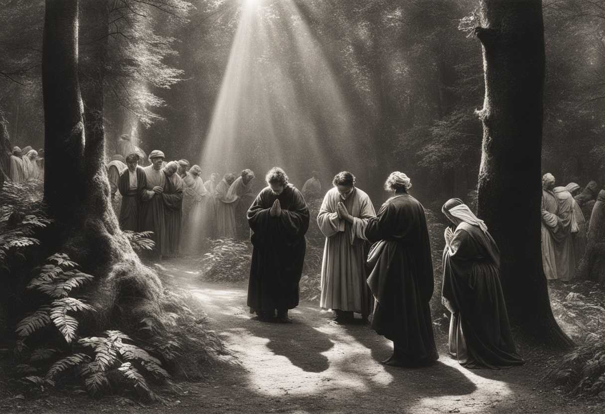 People-in-a-forest-clearing-heads-bowed-in-prayer-hands-clasped-sunlight-filtering-through-trees_jxli