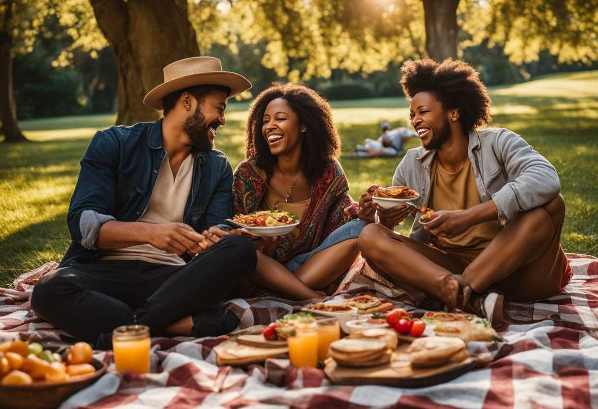 Friends-laughing-and-sharing-food-on-checkered-blanket-in-sunlit-park-vibrant-and-joyful_uknp