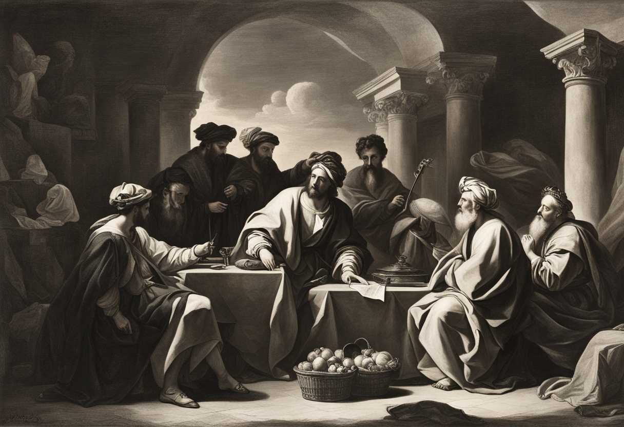 Dramatic-scene-Wise-men-and-a-fool-in-a-serene-setting-contrasting-knowledge-and-chaos_pili