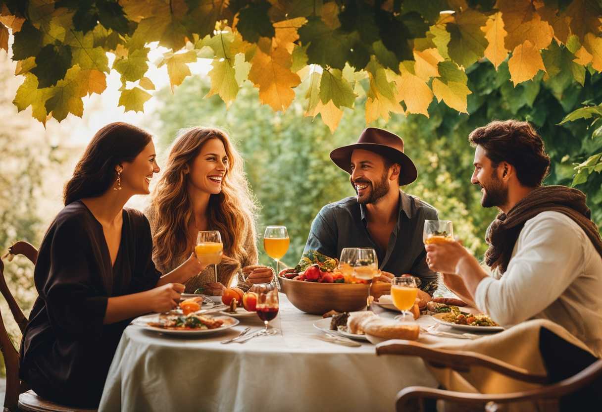 Friends-enjoying-a-vibrant-cozy-dinner-under-a-canopy-of-leaves-sharing-laughter-and-stories_aoyv