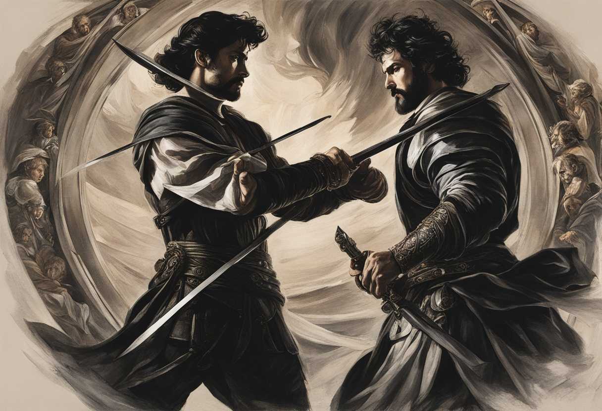 A-dramatic-showdown-between-a-virtuous-hero-and-a-sinister-villain-illuminated-by-symbolic-lighting_mirh