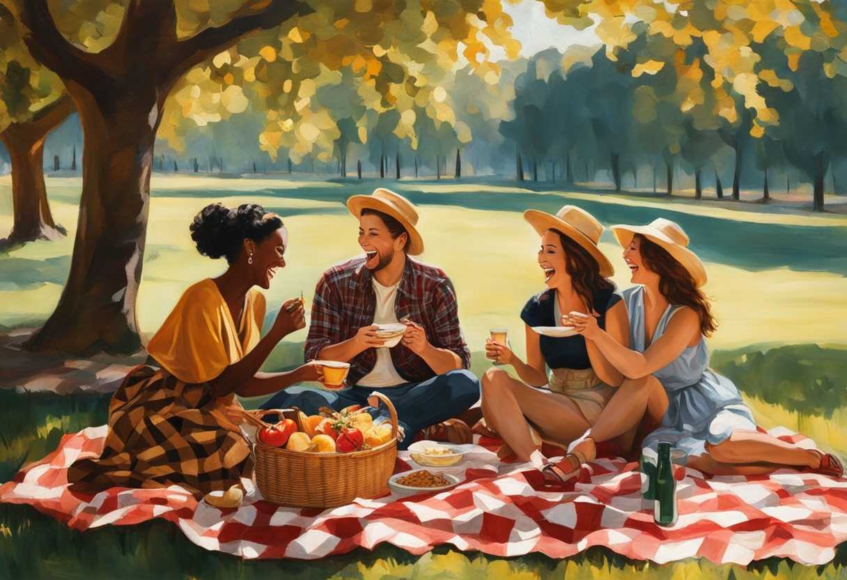 Friends-laughing-and-sharing-food-on-a-checkered-blanket-at-a-sunny-park-picnic_cldw