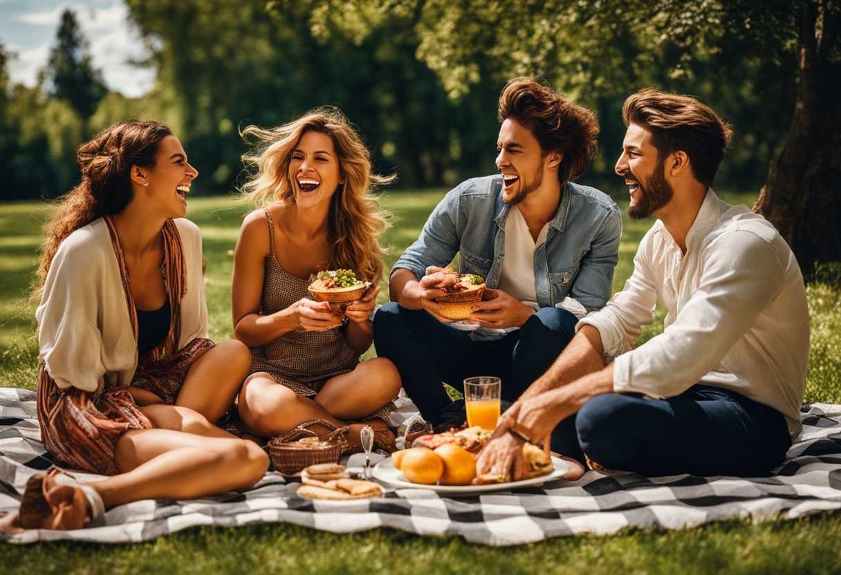 Friends-laughing-and-sharing-food-on-a-checkered-blanket-at-a-sunny-park-picnic_yjle
