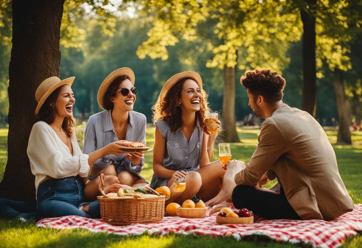 Friends-laughing-and-sharing-food-on-a-checkered-blanket-at-a-sunny-park-picnic_barj