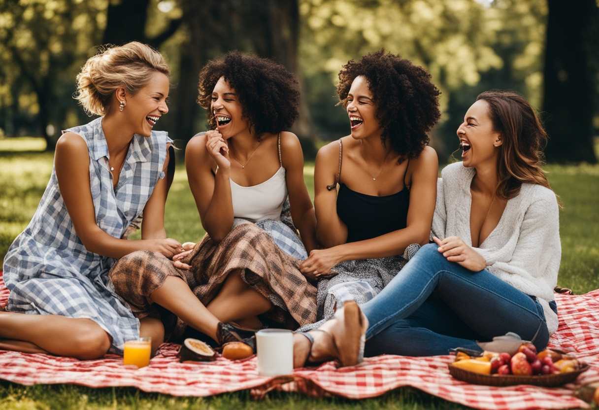 Friends-laughing-on-a-checkered-blanket-at-a-sunny-park-picnic-captured-in-a-candid-moment_bgir