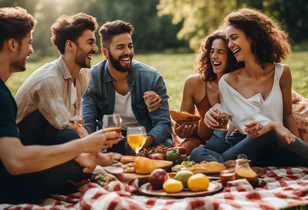 Friends-laughing-on-checkered-blanket-at-sunny-park-picnic-sharing-food-and-enjoying-nature_qxsc