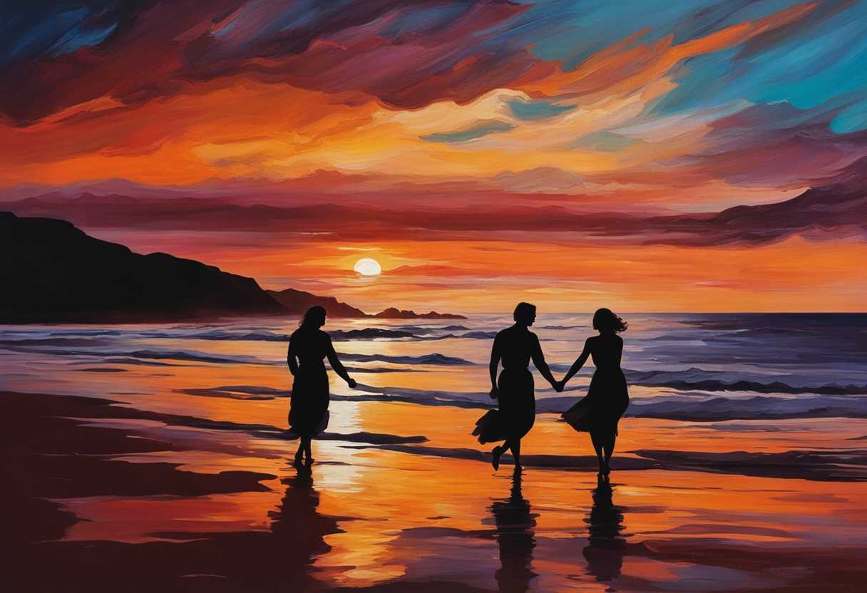 A-couple-embraces-at-sunset-on-a-beach-silhouetted-against-vibrant-hues-with-gentle-waves_leyp