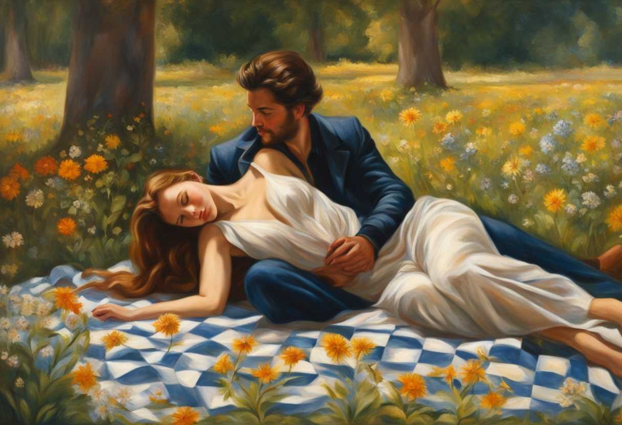 Romantic-couple-on-checkered-blanket-in-sunlit-park-surrounded-by-wildflowers-exuding-love_cnql