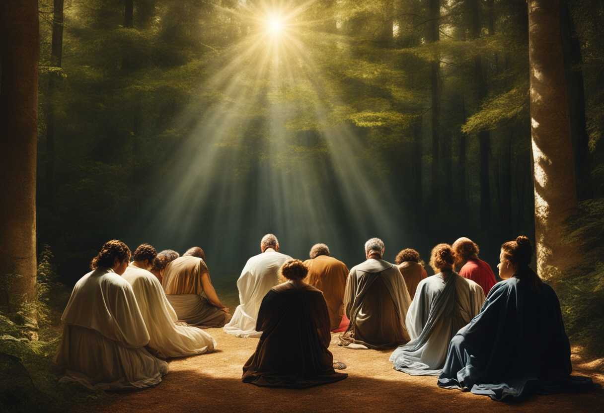 People-in-prayer-circle-under-sunlight-in-forest-heads-bowed-united-in-faith-and-nature_whii