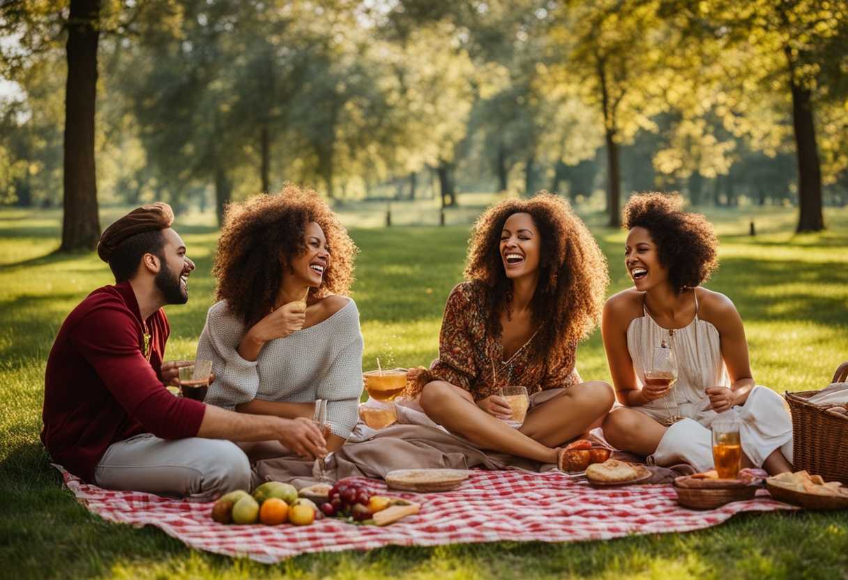 Friends-laughing-on-a-checkered-blanket-at-a-sunny-park-picnic_xohb