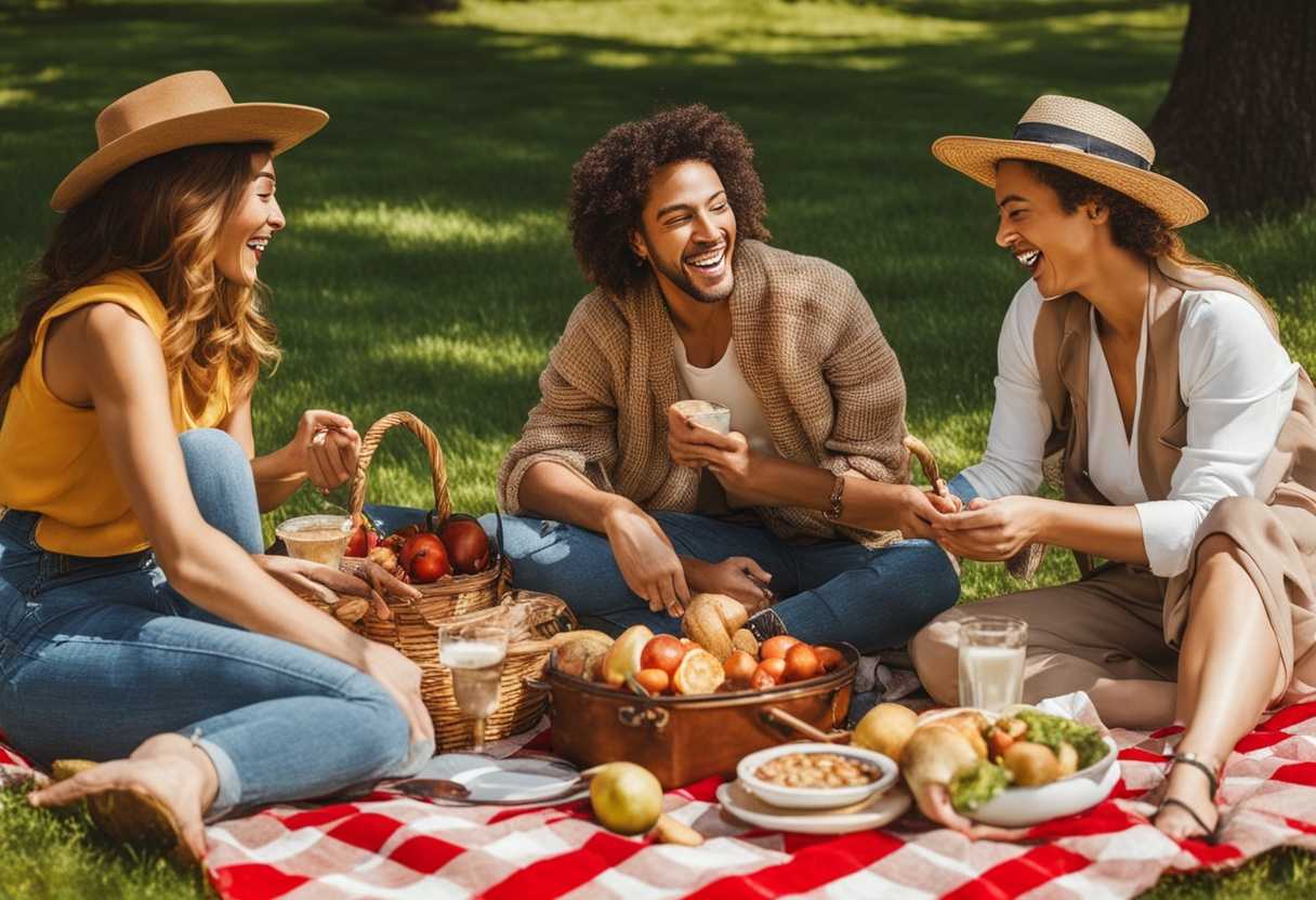Friends-laughing-and-sharing-food-on-a-checkered-blanket-at-a-sunny-park-picnic_jaye
