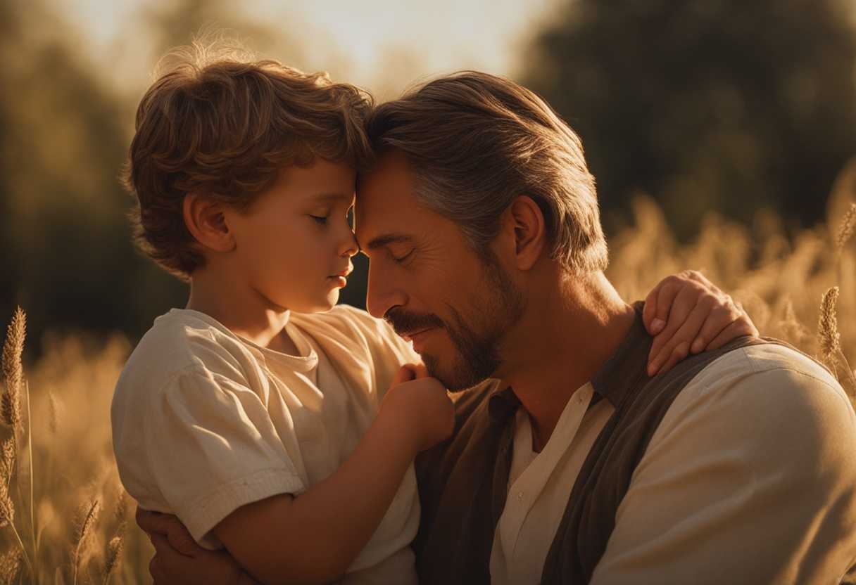 Father-and-son-share-a-tender-moment-in-a-sunlit-field-embodying-trust-and-respect_qwus
