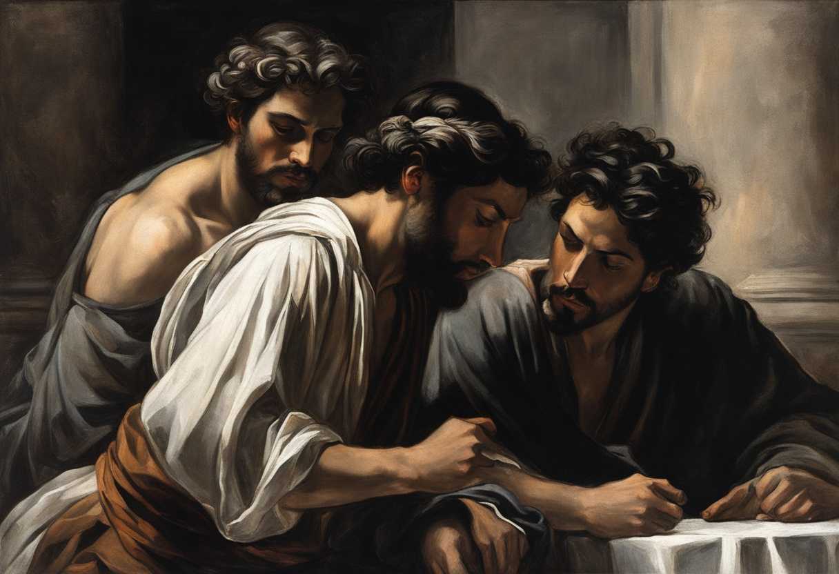 Men-huddled-in-dim-light-sharing-secrets-intense-expressions-creating-a-dramatic-atmosphere_bngf