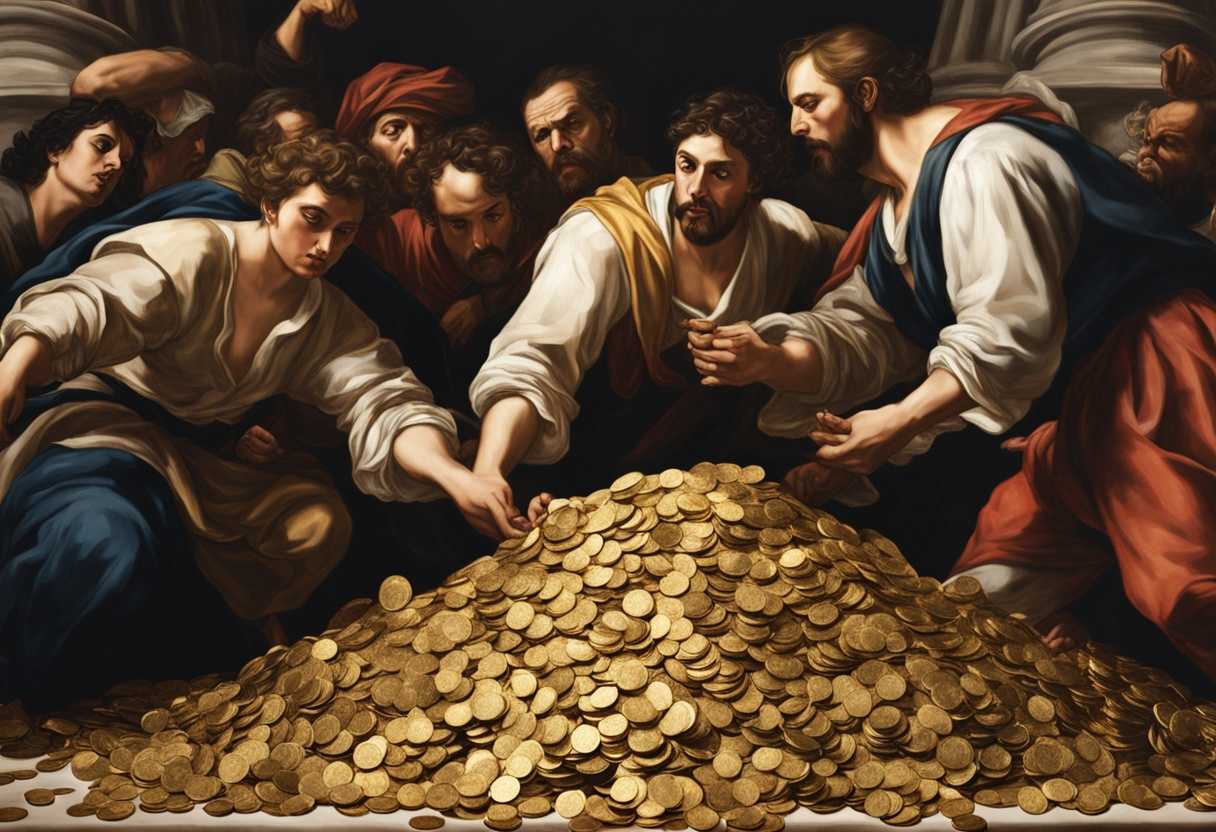 Scene-A-group-of-people-aggressively-grabbing-at-a-pile-of-gold-coins-their-faces-twisted-with-gre_hqei