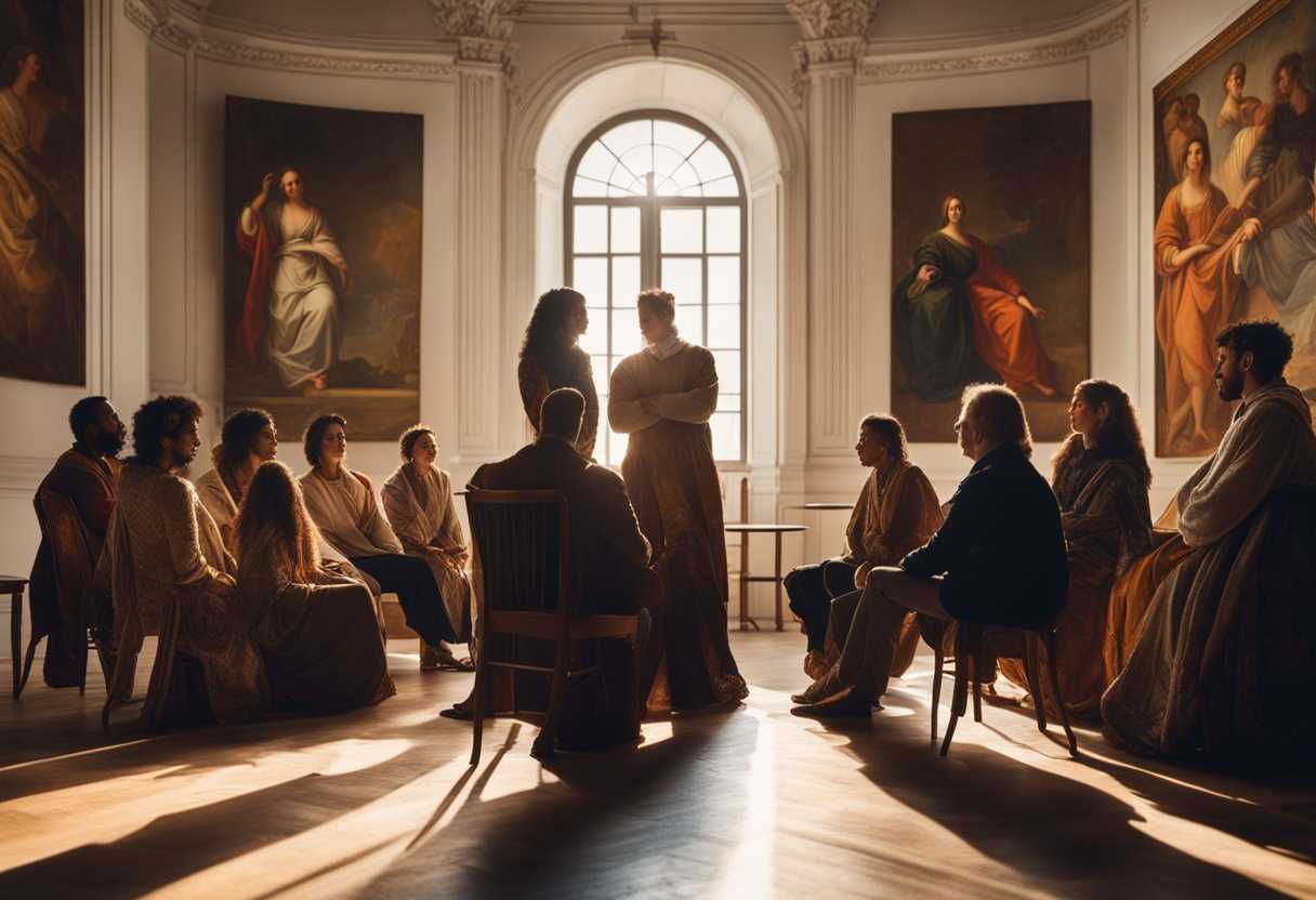 Diverse-group-in-a-circle-listening-intently-to-passionate-instructor-under-warm-sunlight_rkaf