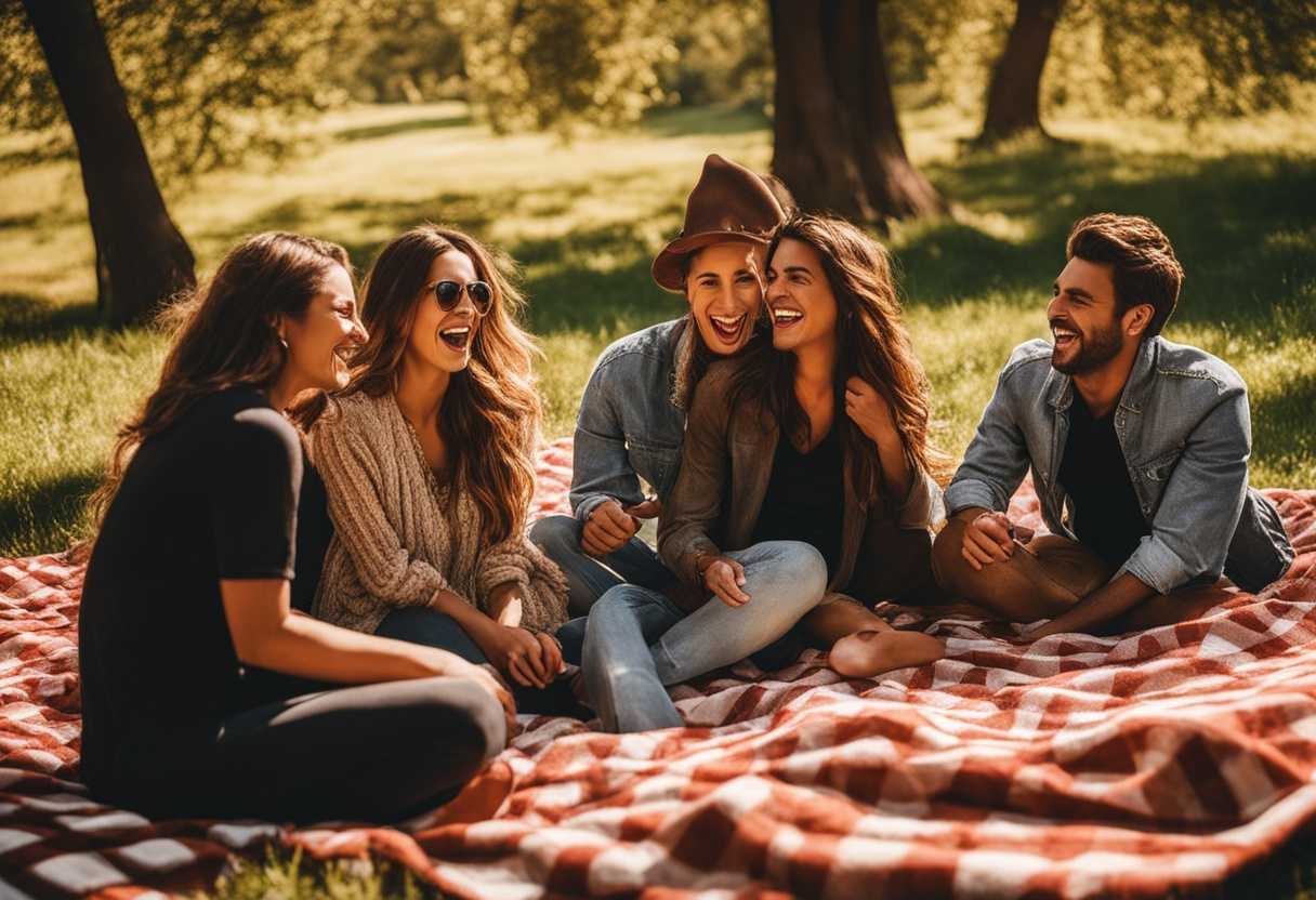 Friends-laughing-on-checkered-blanket-under-sunlit-trees-capturing-candid-moment-of-joy_cpti