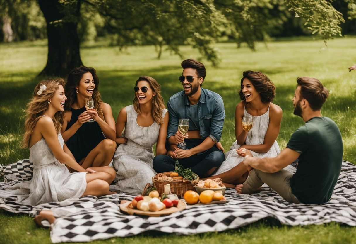 Friends-laughing-on-a-checkered-blanket-at-a-sunny-park-picnic-surrounded-by-greenery_auqn