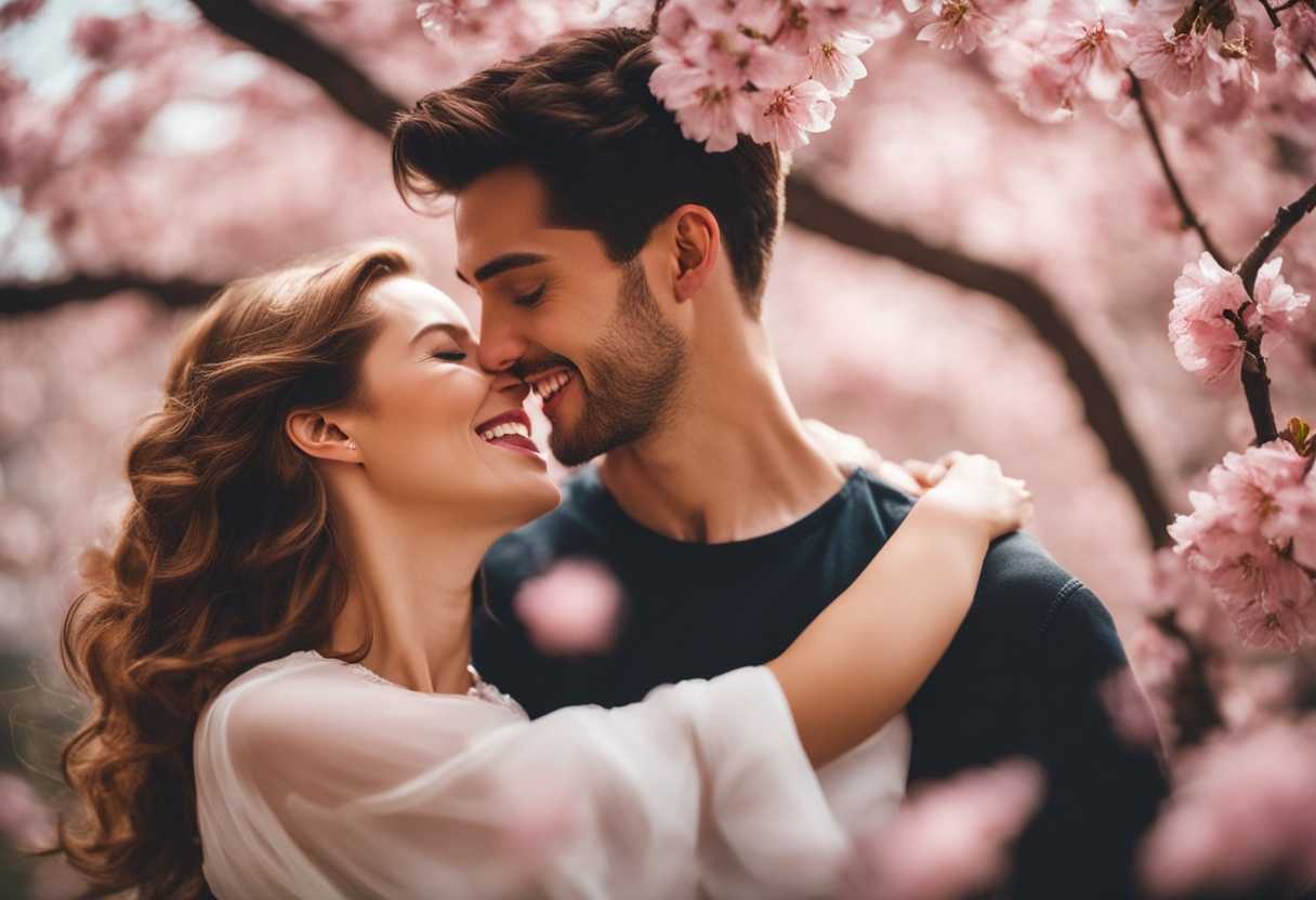 Young-couple-in-love-laughing-under-cherry-blossoms-in-soft-sunlight-surrounded-by-pink-petals_drgq