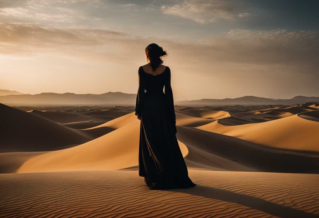 A-woman-in-flowing-garments-stands-in-a-vast-desert-a-stark-silhouette-against-golden-sand_zllf