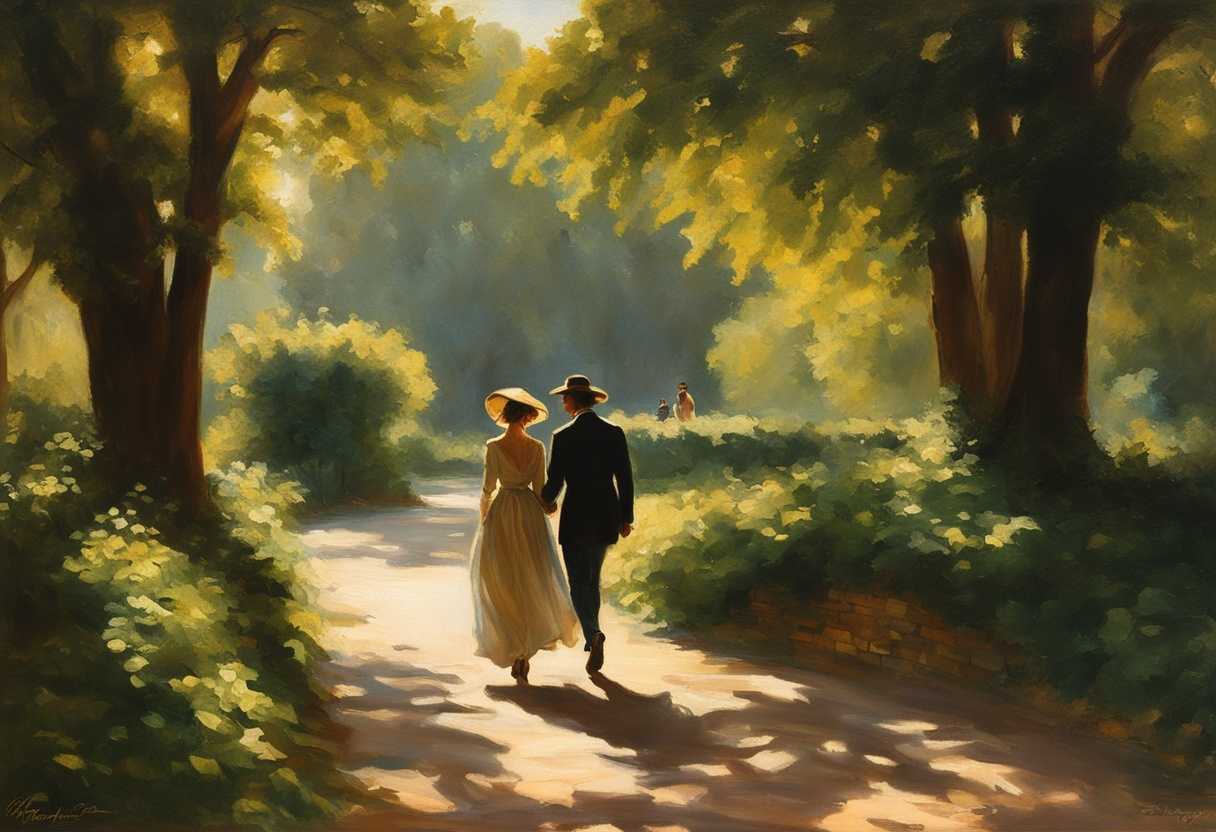 A-couple-strolling-in-a-sunlit-park-surrounded-by-lush-greenery-sharing-smiles-and-love_vbkg