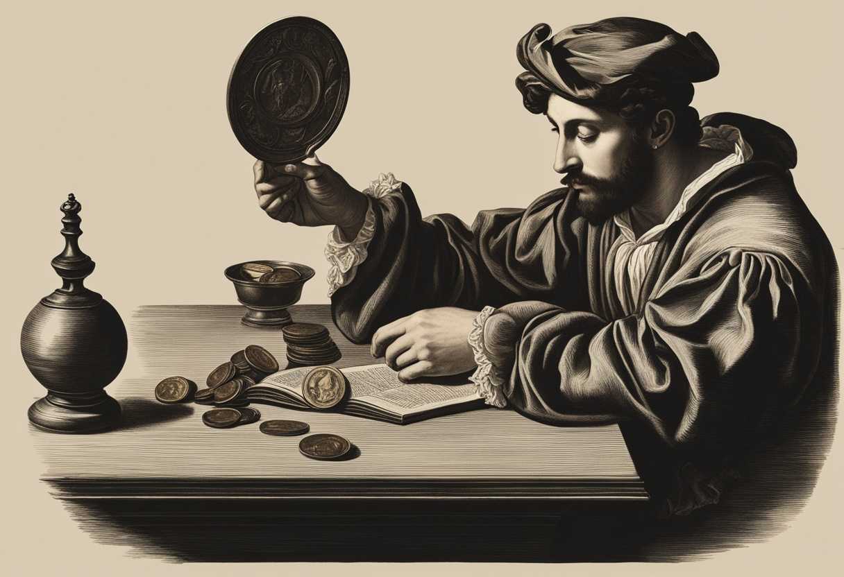 A-person-sits-at-a-table-one-hand-holding-a-book-the-other-a-stack-of-coins_dnkf