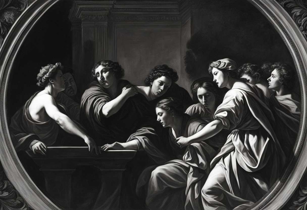 Dramatic-circle-of-people-in-shadows-showing-anger-and-disbelief-in-black-and-white_urfq