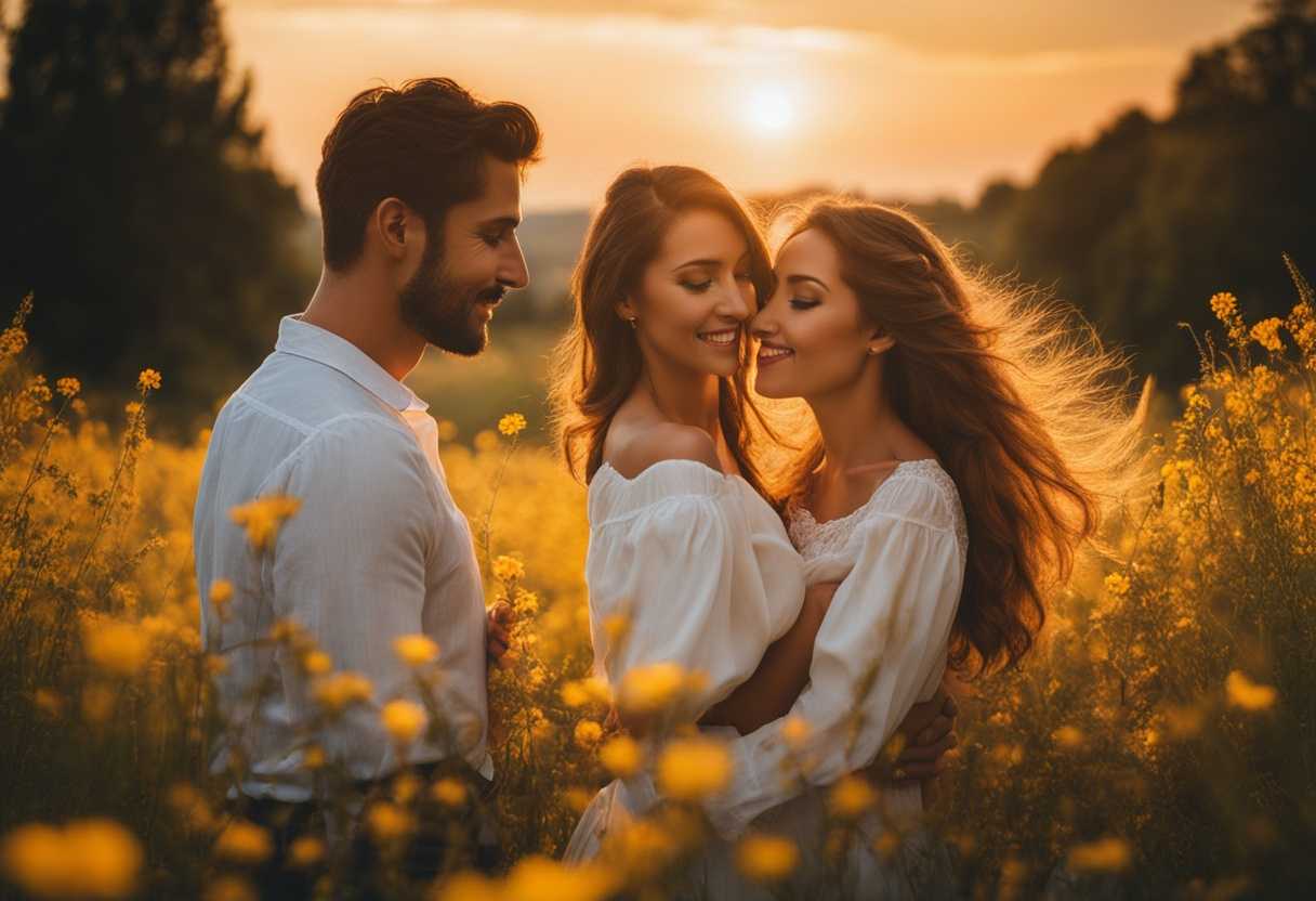 Couple-in-wildflower-field-at-sunset-embracing-with-genuine-smiles-enchanted-by-golden-light_vdkv