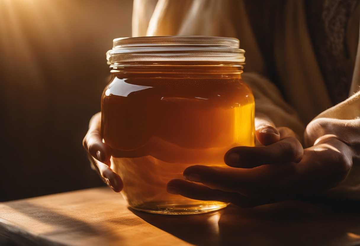 A-person-holding-a-jar-of-honey-in-warm-sunlight-evoking-tranquil-simplicity-and-warmth_xwsd