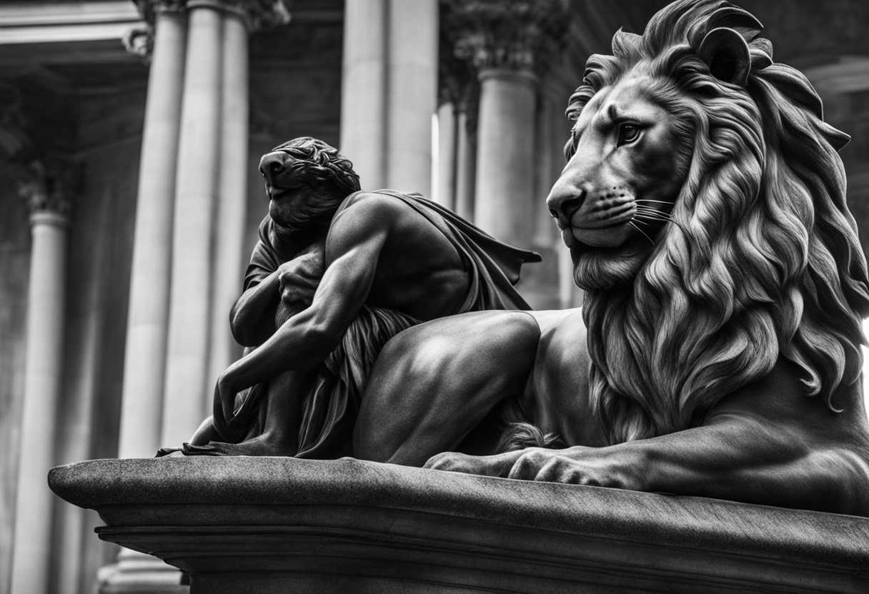 Fearful-sluggard-faces-poised-lion-in-dramatic-black-and-white-photo-frozen-in-intense-moment_zclx