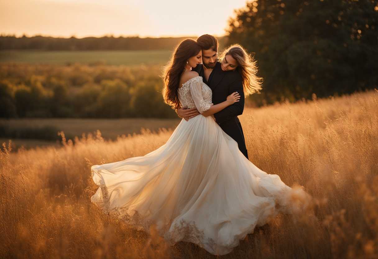 Couple-in-sunlit-field-flowing-dresses-gentle-touch-golden-glow-romance-genuine-connection_blgb