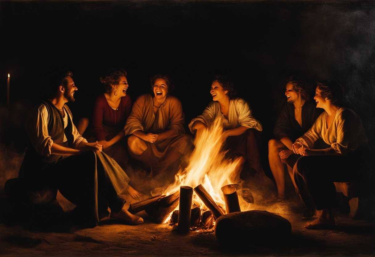 Friends-laughing-around-a-bonfire-illuminated-by-soft-light-capturing-their-genuine-connection-and_jeff