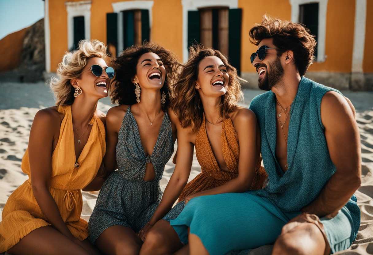 Friends-laughing-on-a-sunny-beach-vibrant-outfits-carefree-poses-genuine-joy-and-camaraderie_wudx