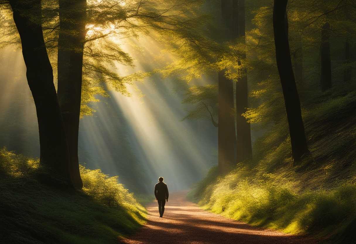 A-person-peacefully-walking-in-a-sunlit-forest-immersed-in-nature's-tranquility-and-beauty_ctao