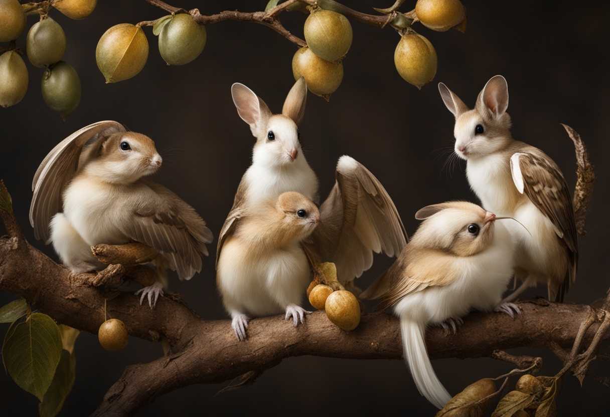 Four-tiny-creatures-on-a-branch-radiating-wisdom-through-intricate-poses-in-soft-light_cmvw