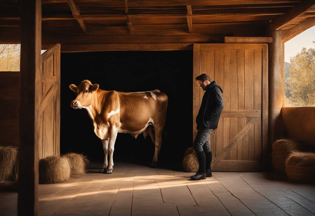 Person-and-cow-in-cozy-barn-bathed-in-golden-light-embodying-timeless-rustic-charm_sqmf