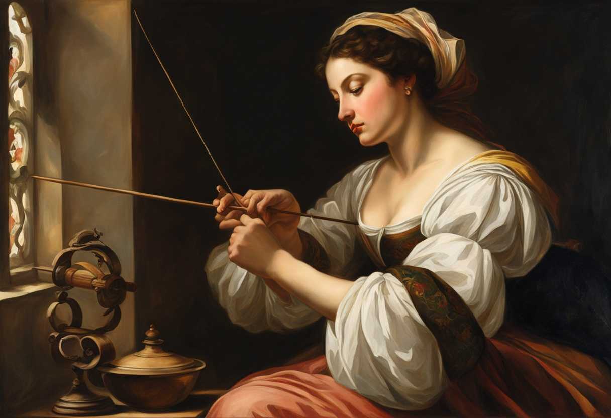 A-woman-gracefully-spins-yarn-with-a-distaff-and-spindle-showcasing-skill-and-tradition_jypk