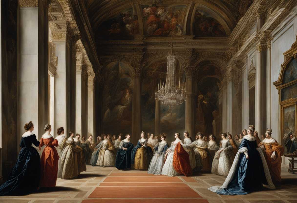 Regal-women-in-flowing-gowns-stand-before-a-commanding-king-in-a-grand-hall_kayq