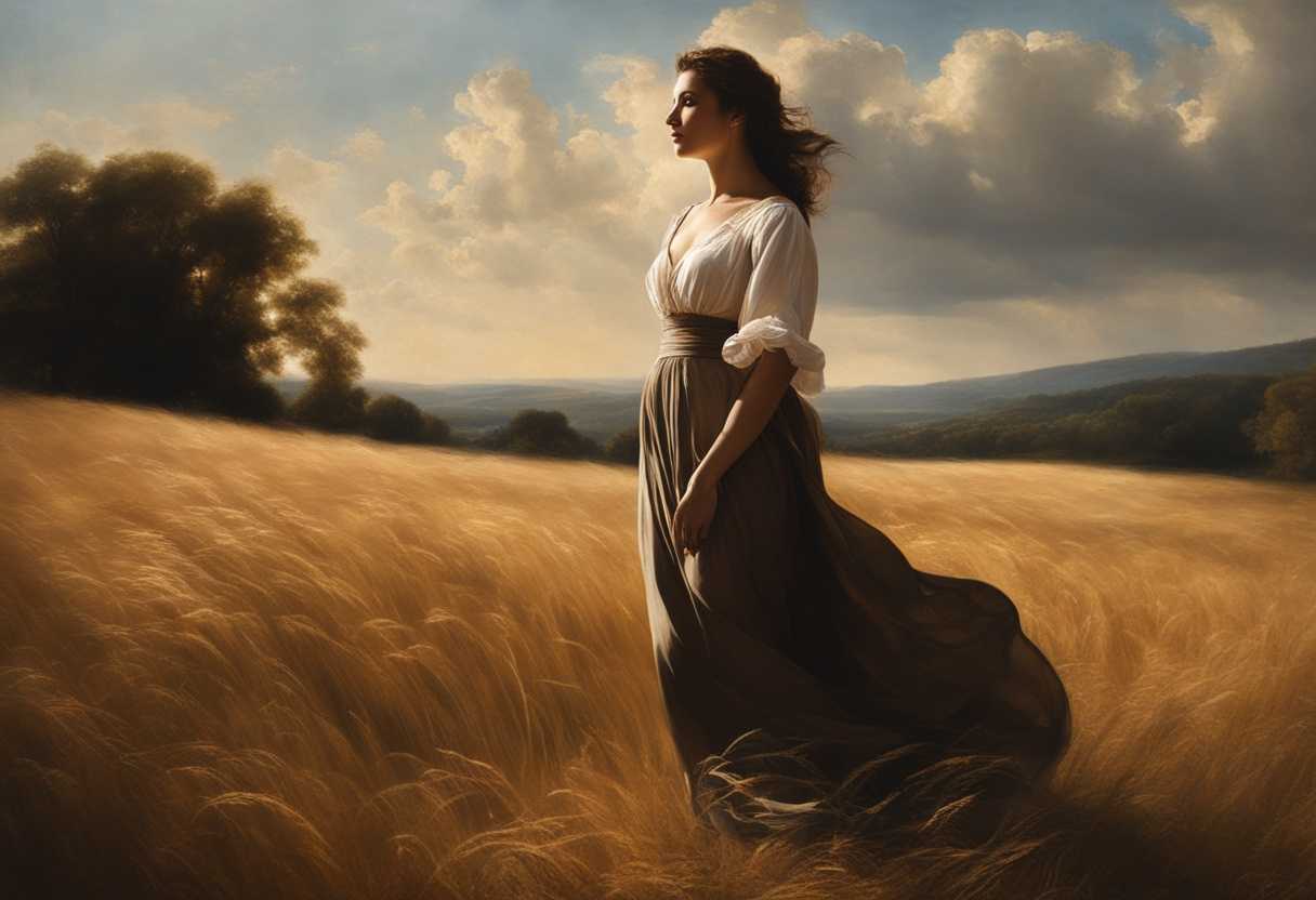 A-woman-standing-in-a-sunlit-field-embodying-dedication-strength-and-grace-with-a-timeless-aura_guvd