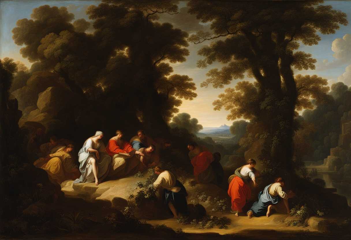 A-sunlit-clearing-contrasts-serene-figures-with-hunched-despairing-shadows-vibrant-colors-clashing_rlnf