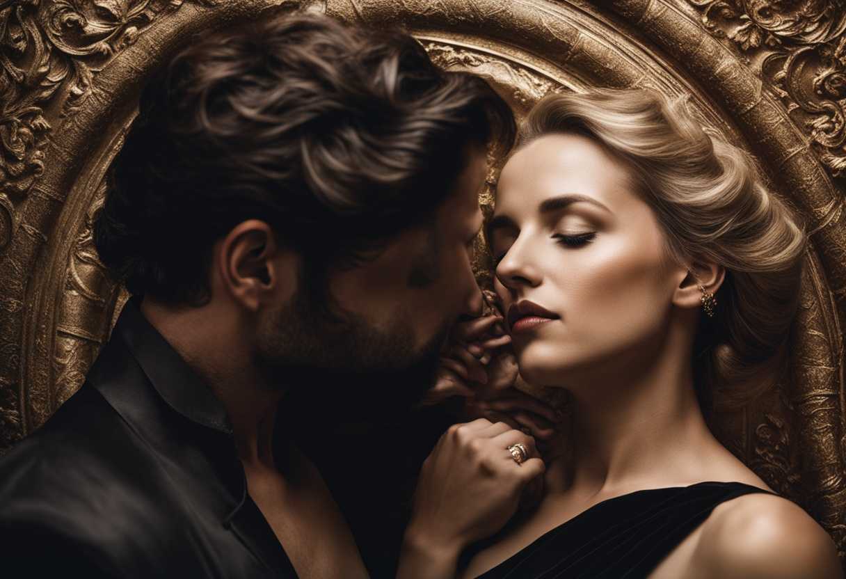 Intense-moment-Woman-and-man-share-a-passionate-kiss-exuding-confidence-and-intimacy-in-bold-light_sclu