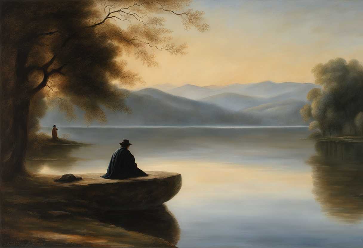 Solitary-figure-by-tranquil-lake-at-dawn-lost-in-contemplation-amidst-serene-beauty_urfo