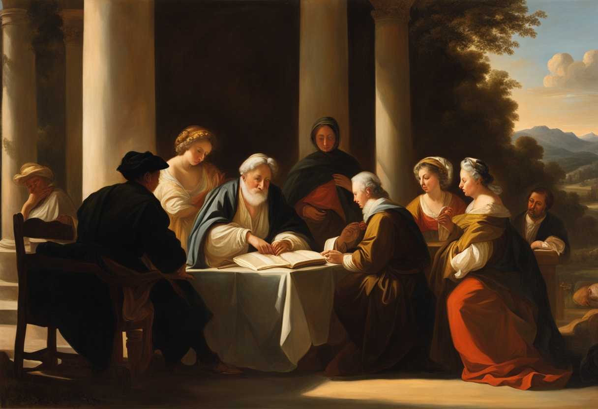 Elderly-figure-reading-in-golden-hour-surrounded-by-attentive-listeners-in-nature's-embrace_ugti
