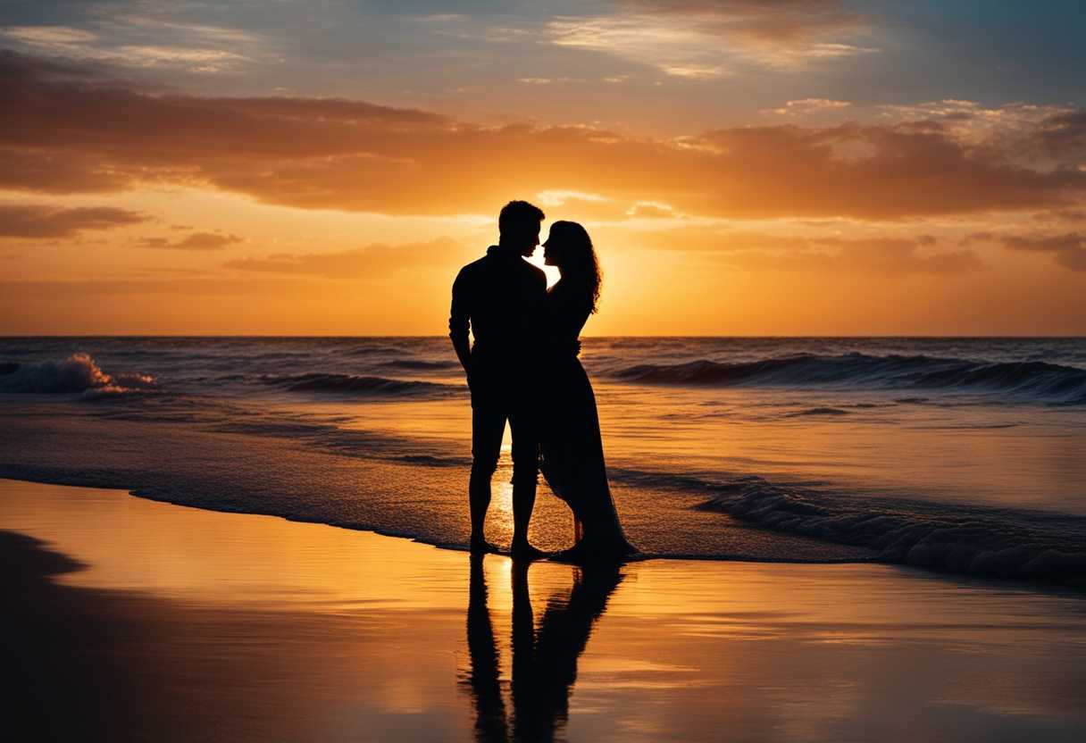 Romantic-couple-embraces-on-beach-at-sunset-silhouetted-against-vibrant-hues-golden-light-serene-_oank