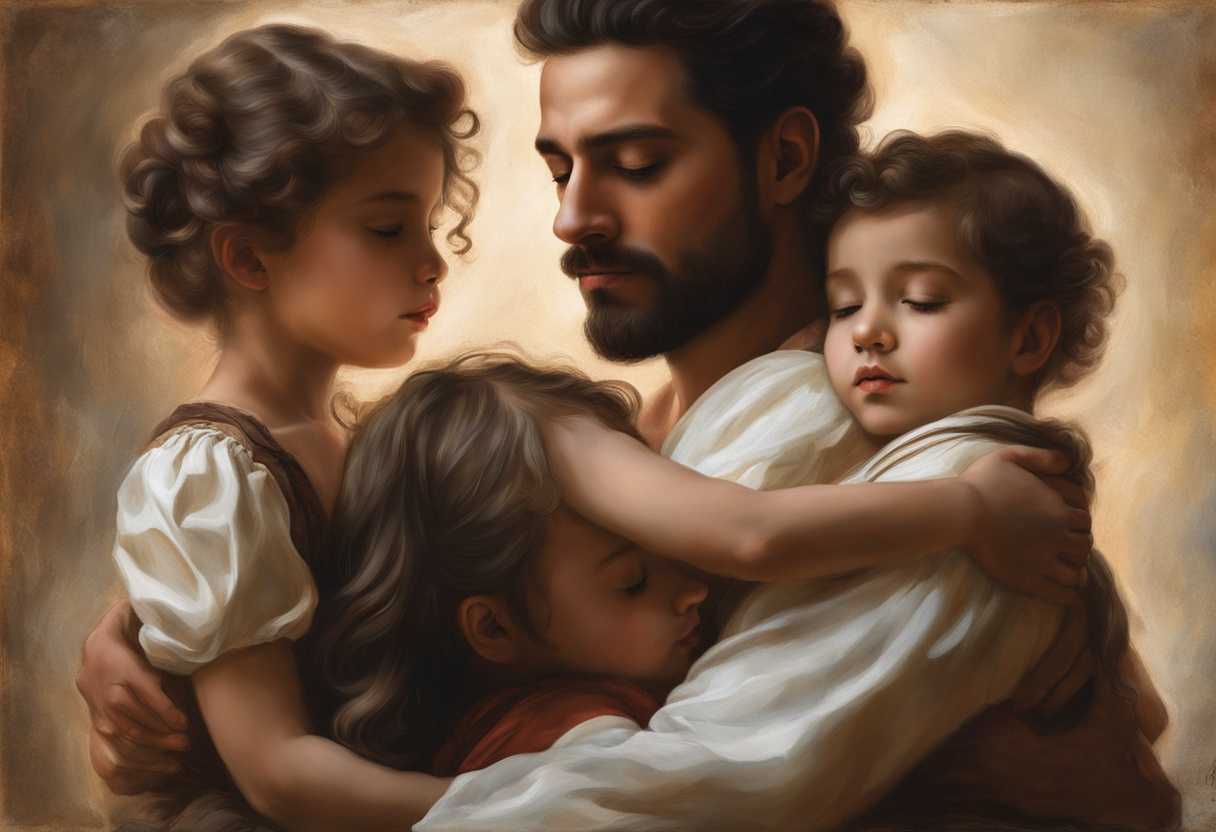 A-father-and-children-embrace-in-a-warm-timeless-moment-of-love-and-comfort_olzs