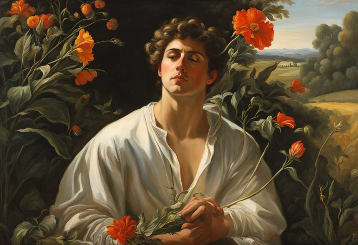 A-man-gazes-at-a-flower-in-a-sunlit-field-pondering-life's-fleeting-beauty_nwmw