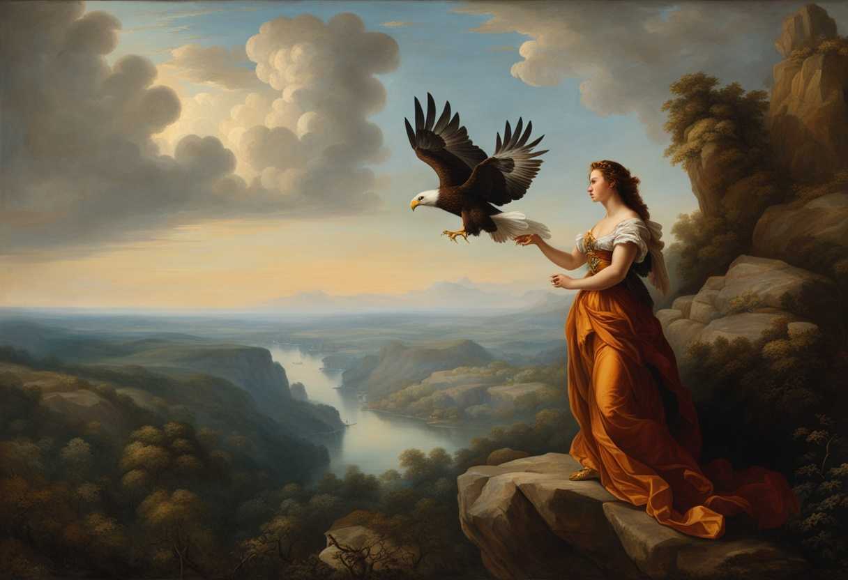 A-young-woman-stands-confidently-on-a-cliff-edge-with-a-majestic-eagle-embodying-strength-and-grace_piec