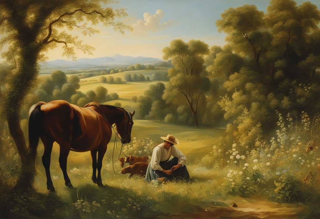 Man-tends-to-plants-in-a-sunlit-meadow-surrounded-by-grazing-livestock-and-swaying-greenery_msef