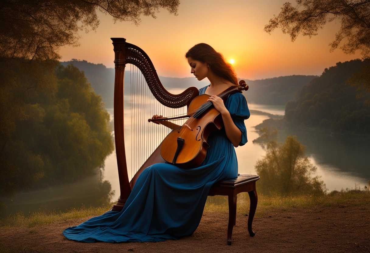 Musician-plays-harp-and-lyre-at-sunrise-creating-a-serene-melody-in-nature's-embrace_ctou